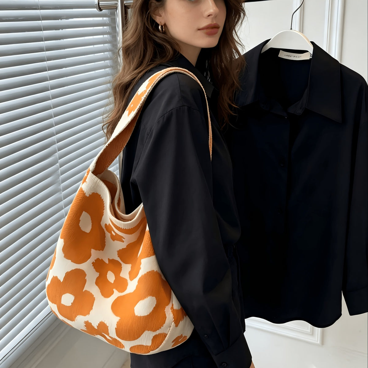 Orange Floral Knit Tote Bag