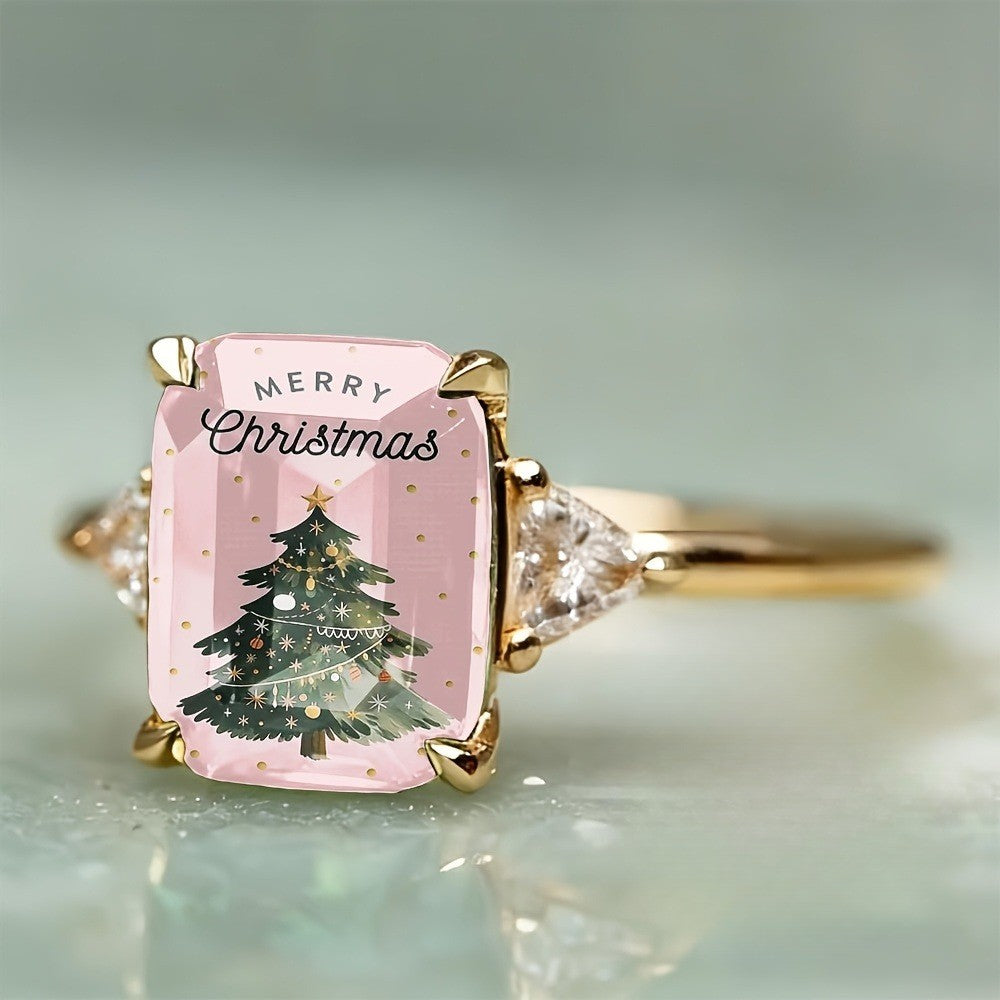 Pink Christmas Tree Rectangular Ring