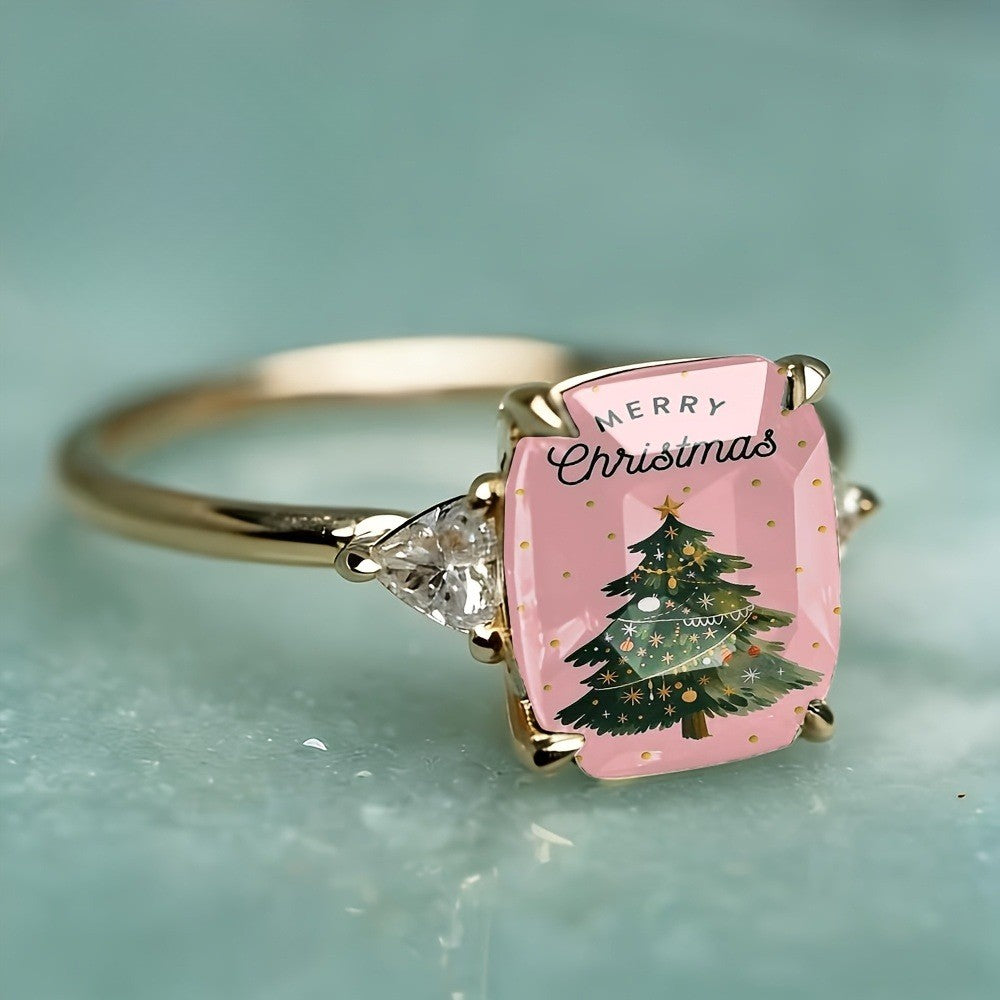 Pink Christmas Tree Rectangular Ring