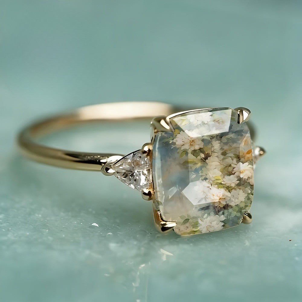 Floral Emerald Cut Ring