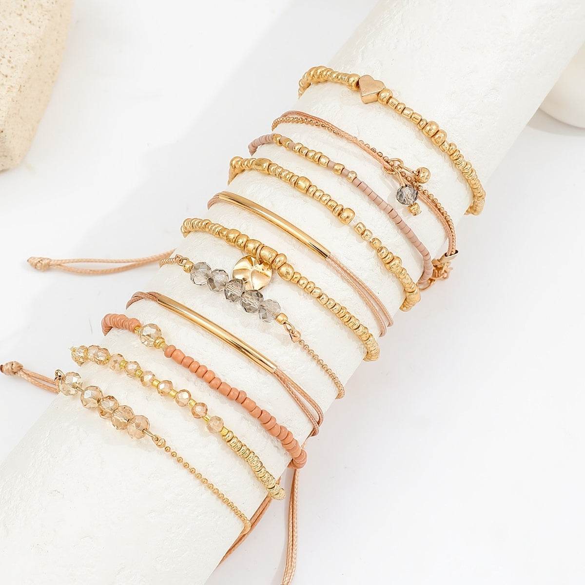 Khaki Bead & Heart Charm Bracelet Set