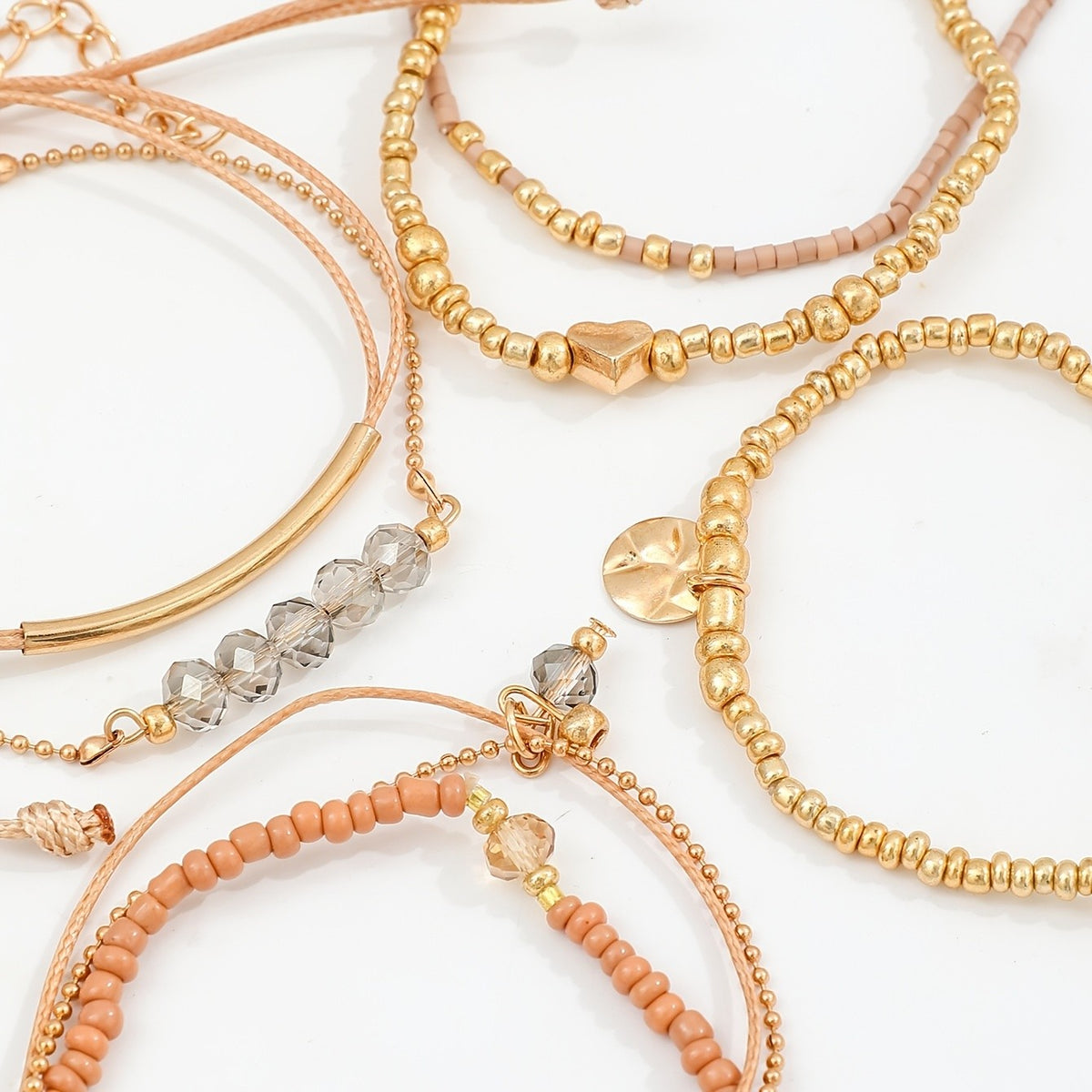Khaki Bead & Heart Charm Bracelet Set