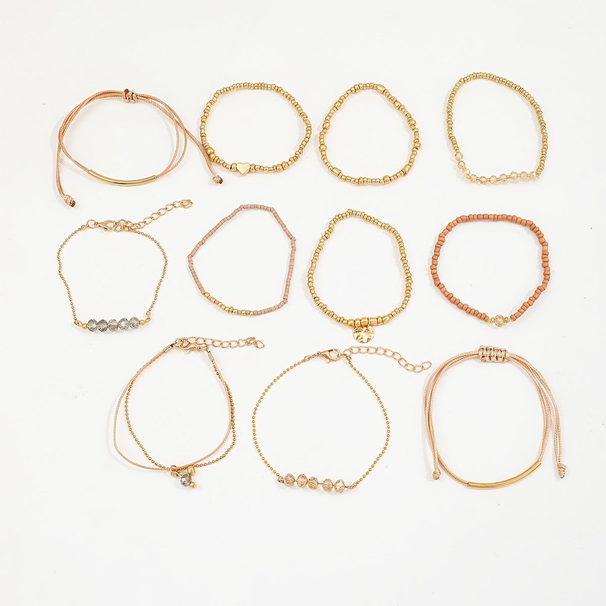 Khaki Bead & Heart Charm Bracelet Set