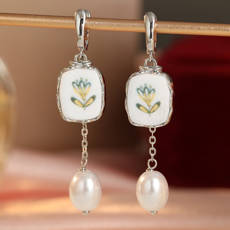 Enamel Floral Square Pearl Drop Earrings