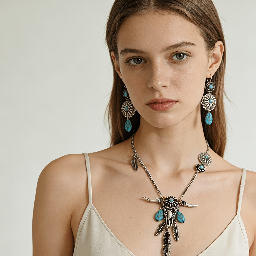 Turquoise Bull Skull & Feather Jewelry Set