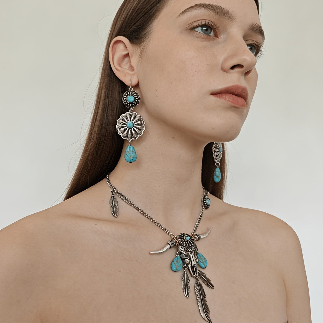 Turquoise Bull Skull & Feather Jewelry Set