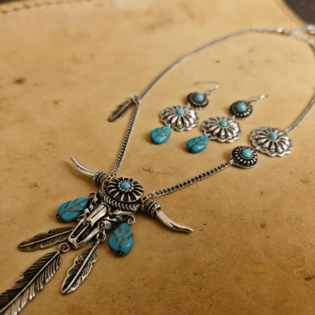 Turquoise Bull Skull & Feather Jewelry Set