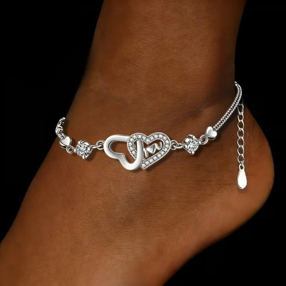 Crystal Heart & Mom Anklet