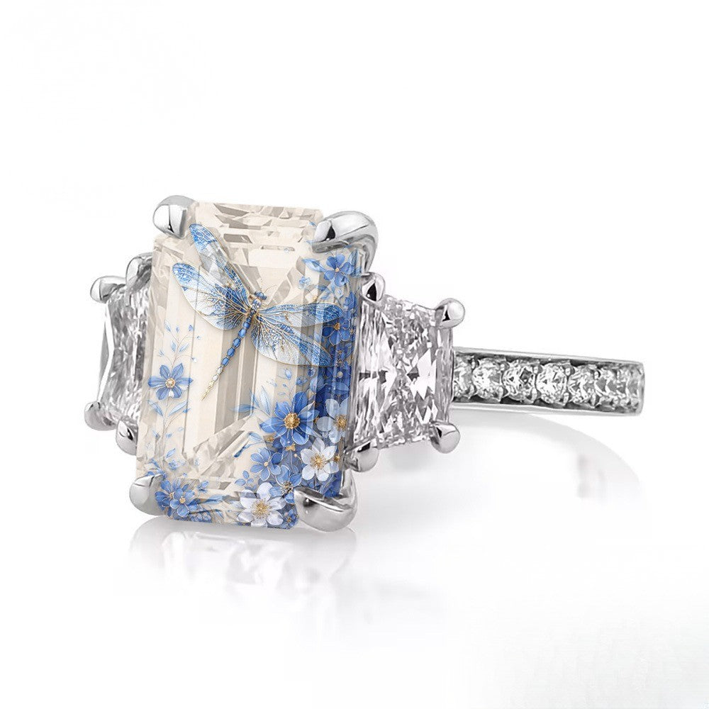 Blue Dragonfly Floral Ring