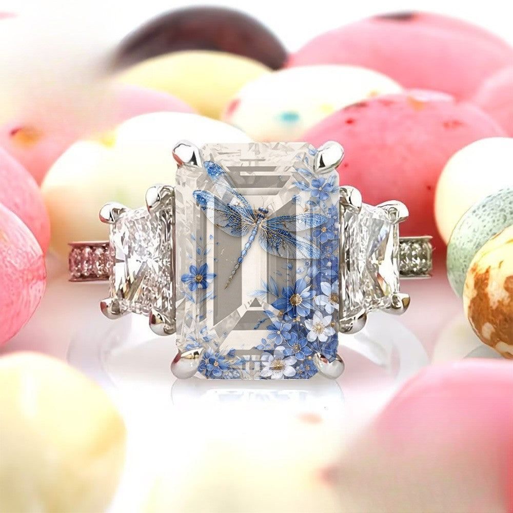 Blue Dragonfly Floral Ring