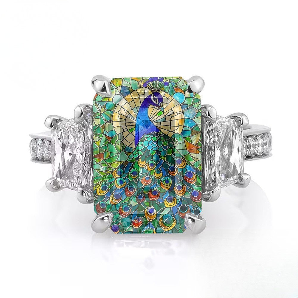 Square Peacock Stained Glass Ring