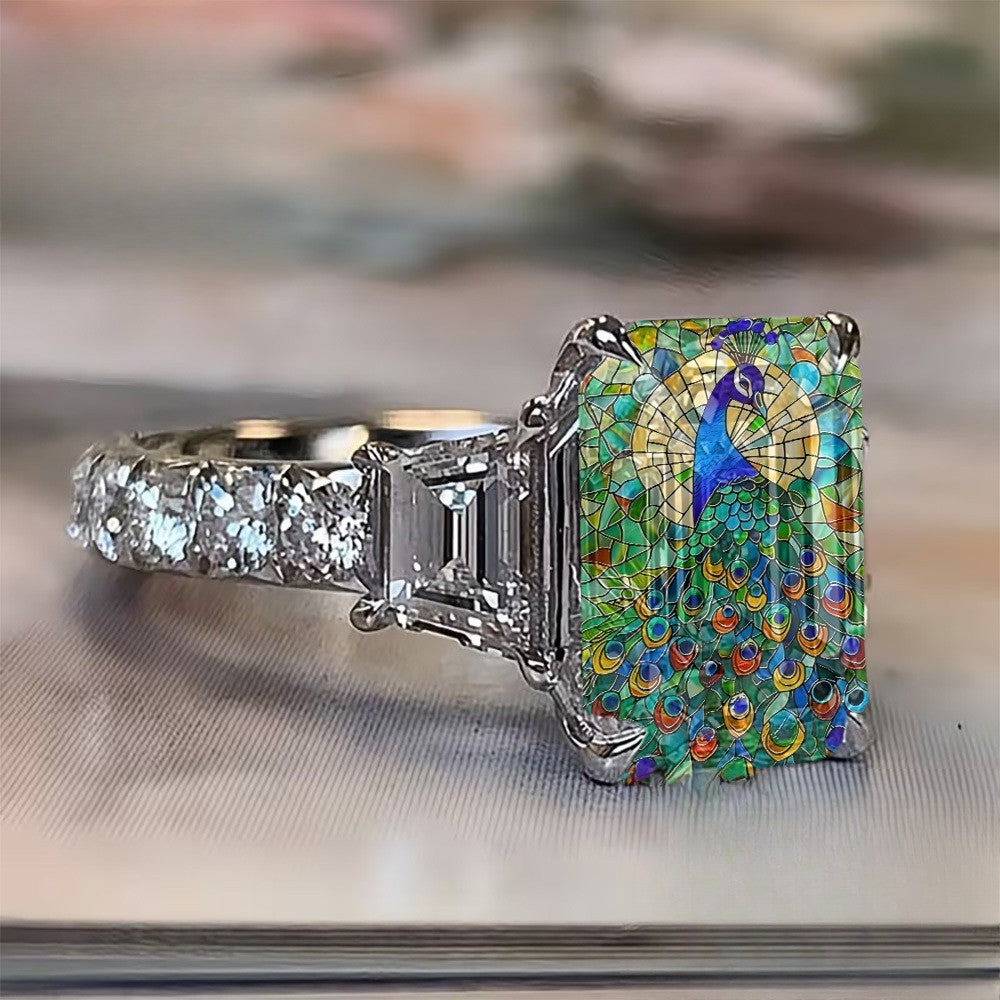 Square Peacock Stained Glass Ring