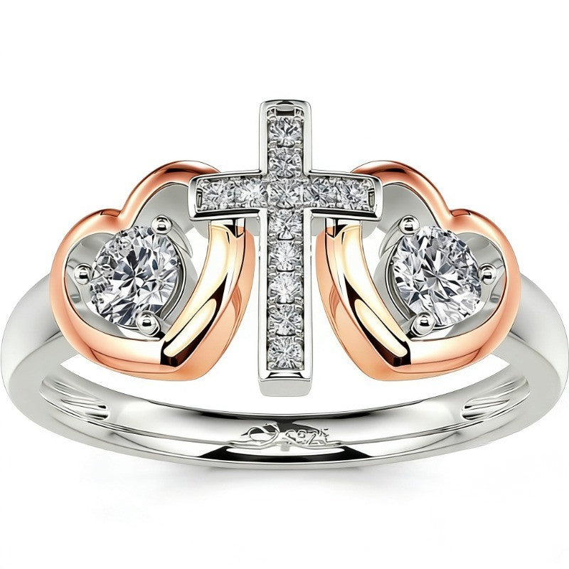 Two-Tone Cross Heart Crystal Ring