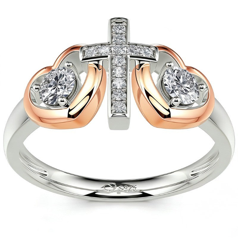 Two-Tone Cross Heart Crystal Ring