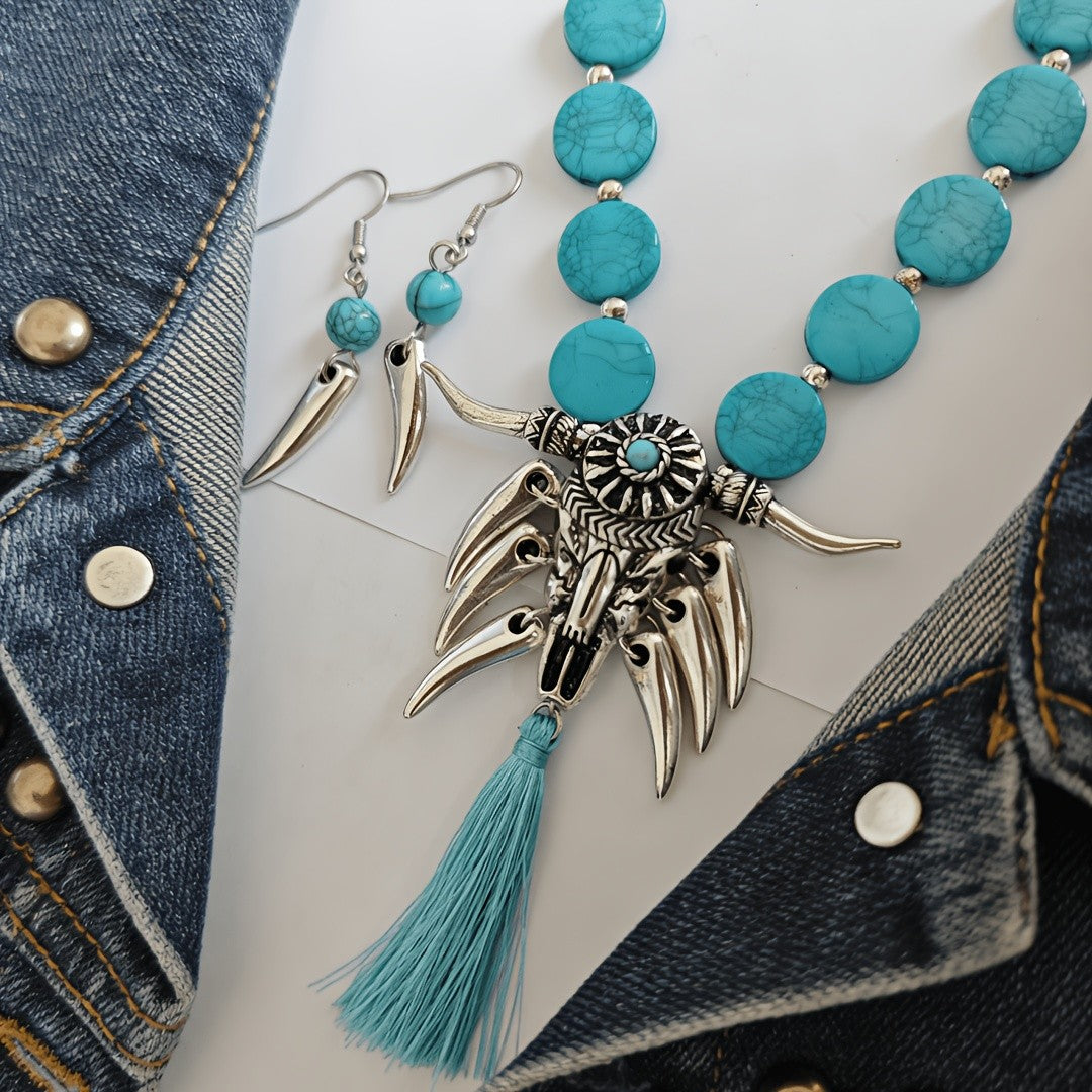 Turquoise Bull Head Necklace Set