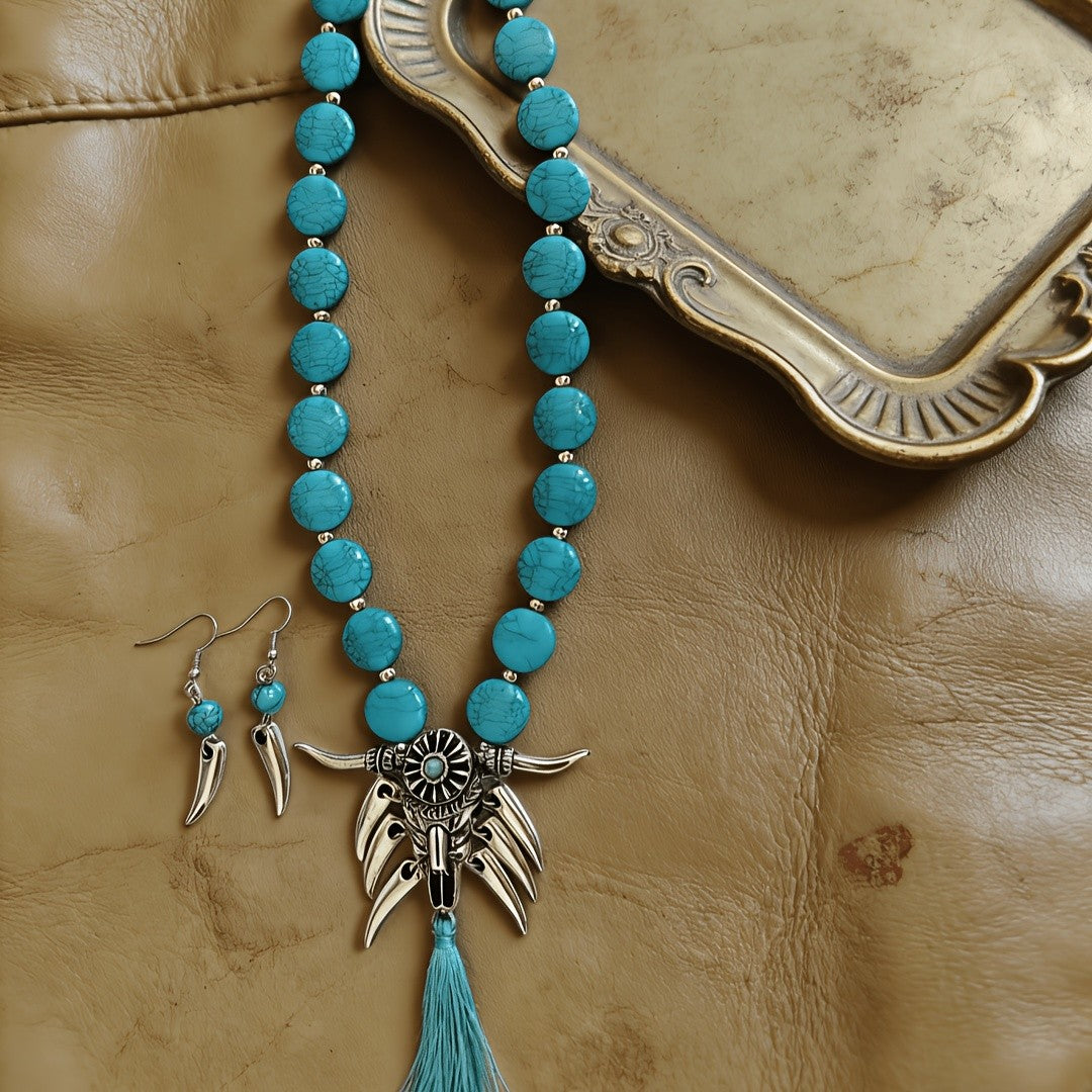 Turquoise Bull Head Necklace Set