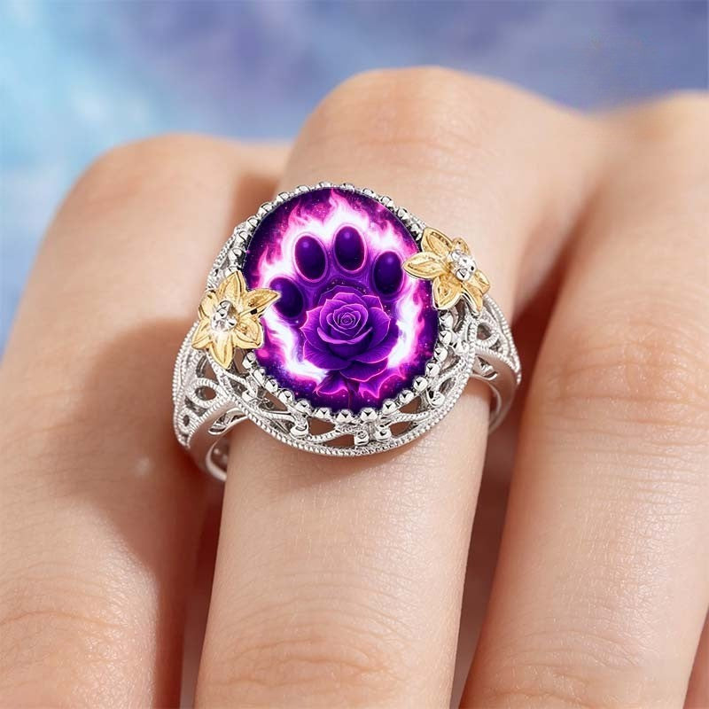 Purple Rose & Paw Print Ring