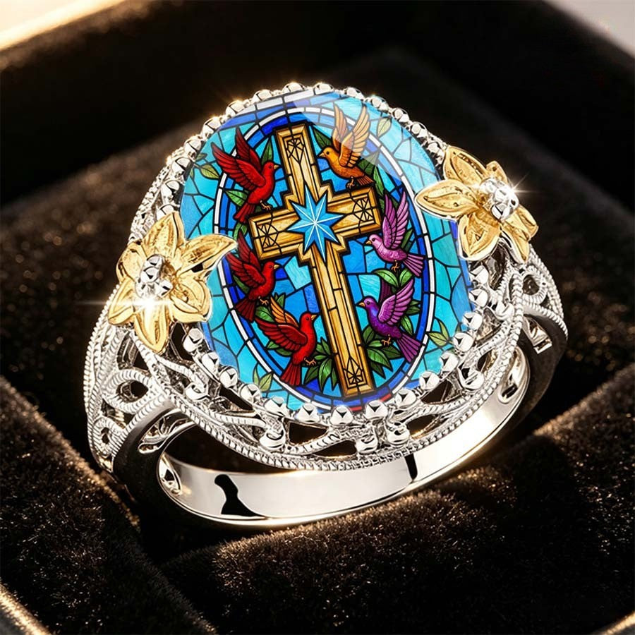 Stained Glass Cross & Birds Ring