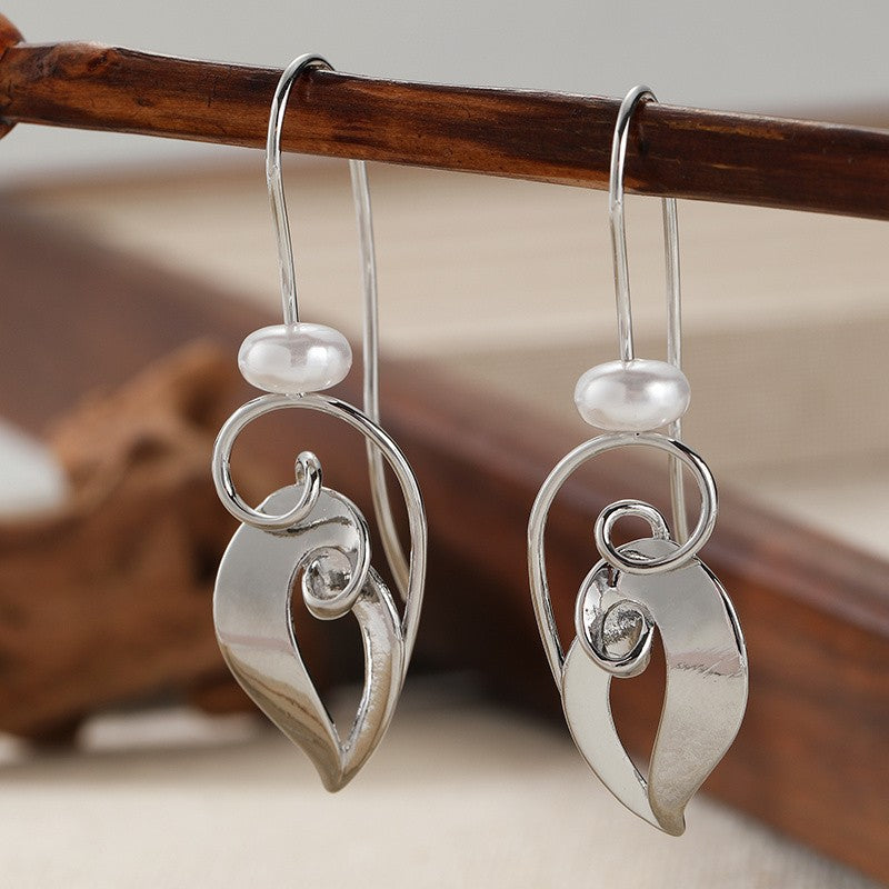 Curved Leaf Pearl Drop Earrings