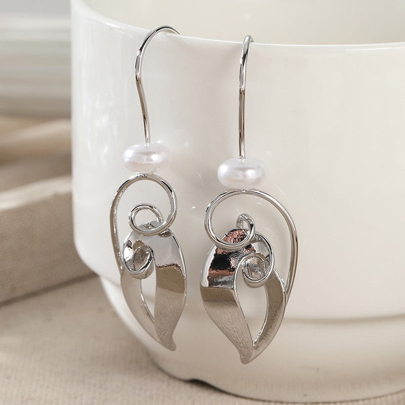 Curved Leaf Pearl Drop Earrings