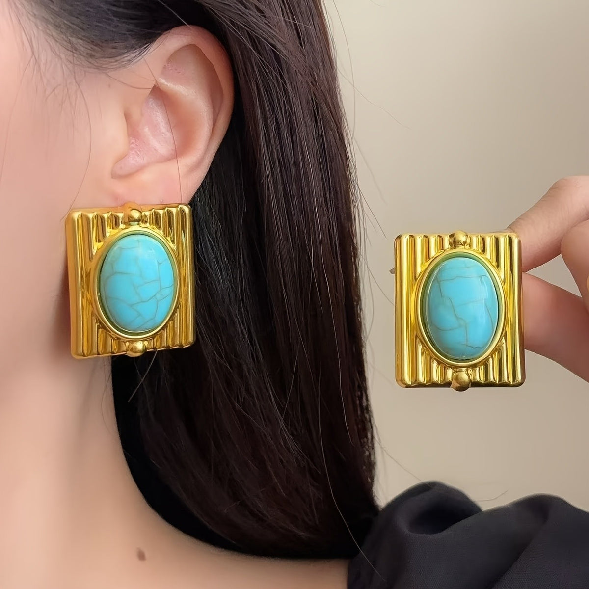 Square Ribbed Oval Stone Stud Earrings