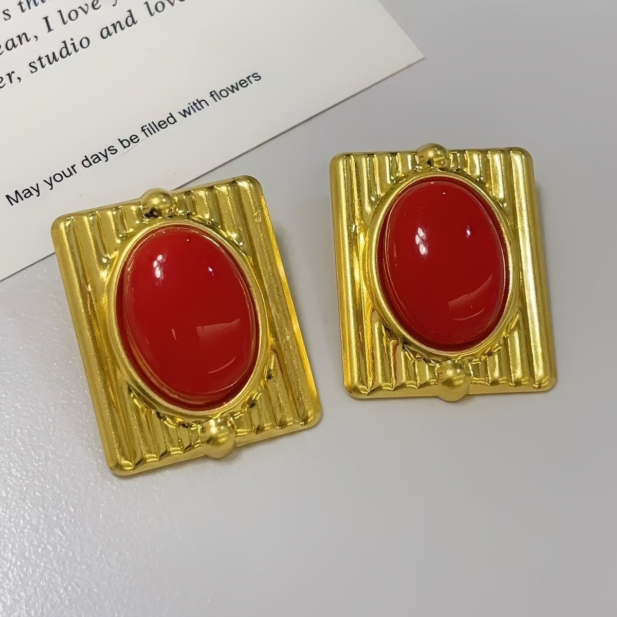 Square Ribbed Oval Stone Stud Earrings