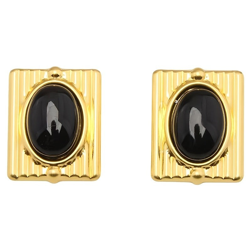Square Ribbed Oval Stone Stud Earrings