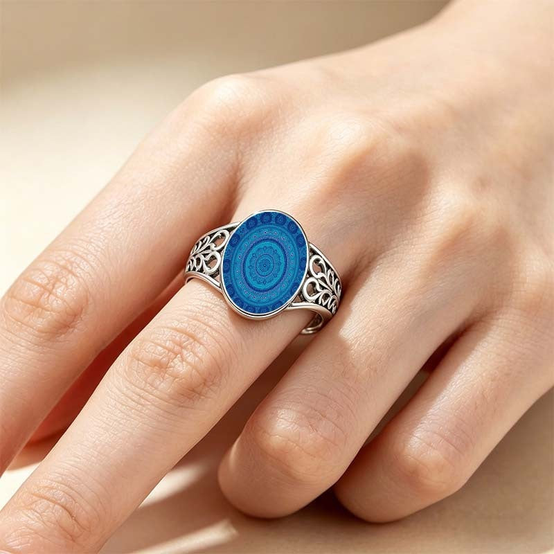 Blue Concentric Circle Oval Ring