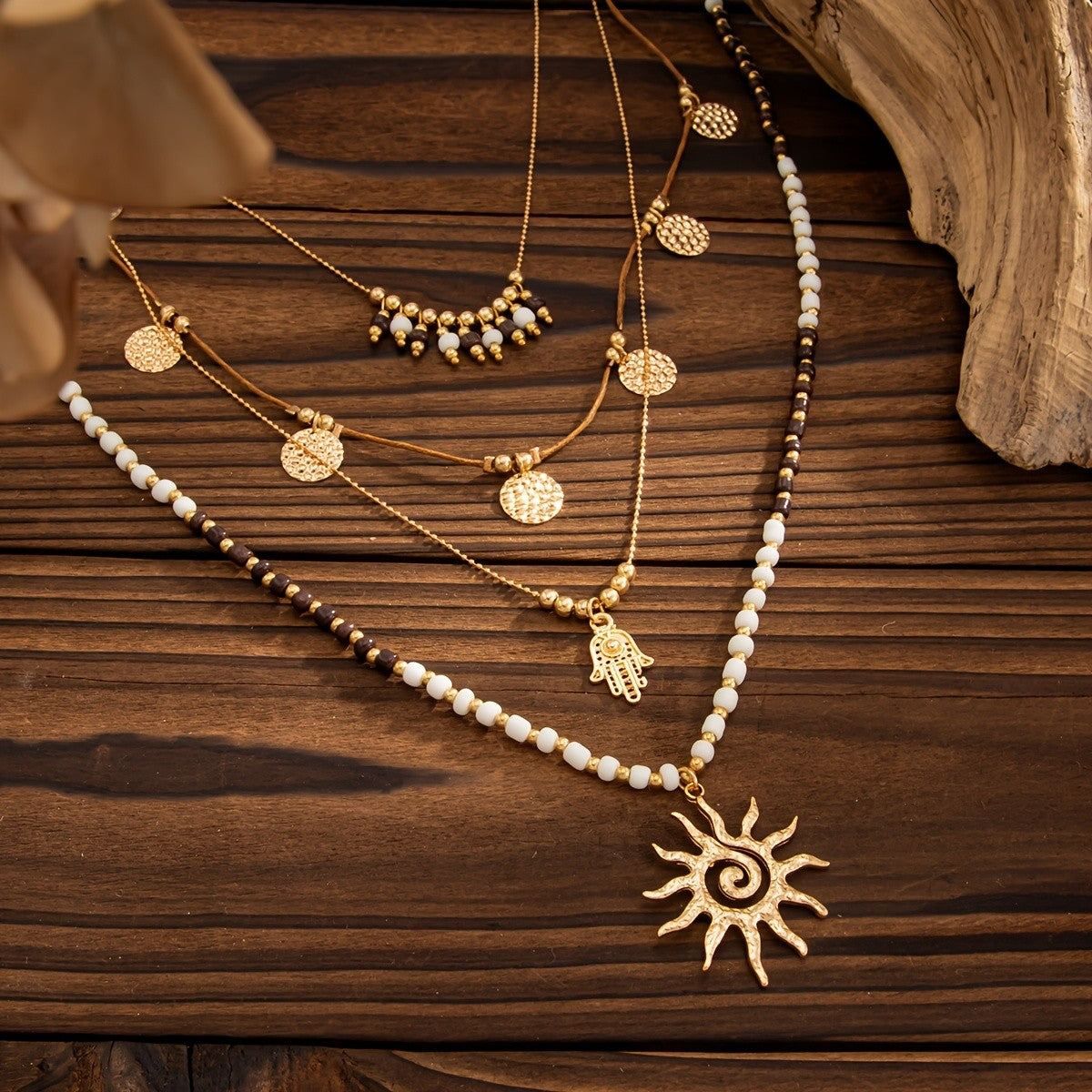 Sun & Bead Layered Necklace Set
