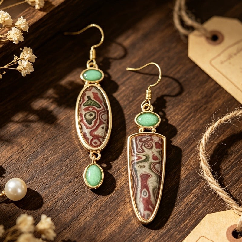 Asymmetrical Marbled Stone Drop Earrings