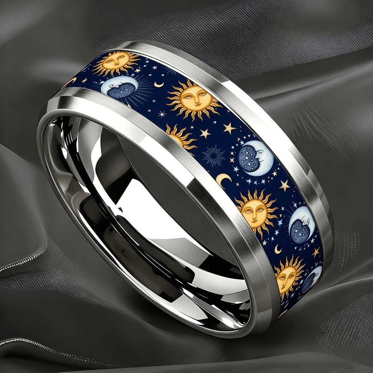Navy Sun & Moon Face Ring