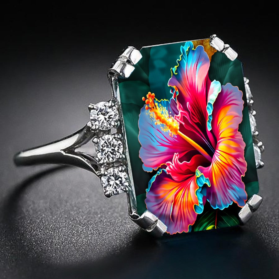 Colorful Hibiscus Rectangular Ring