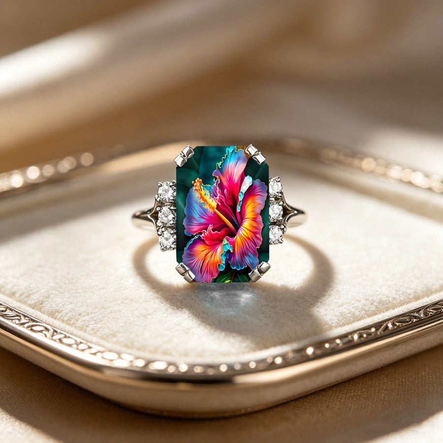 Colorful Hibiscus Rectangular Ring
