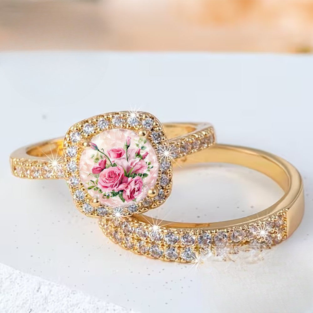 Pink Rose & Crystal Square Ring Set