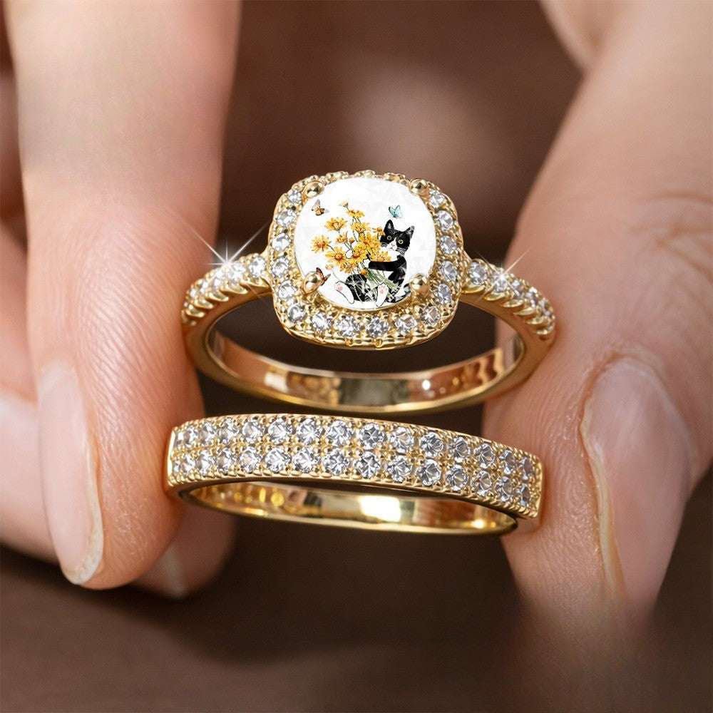 Cat & Floral Square Ring Set