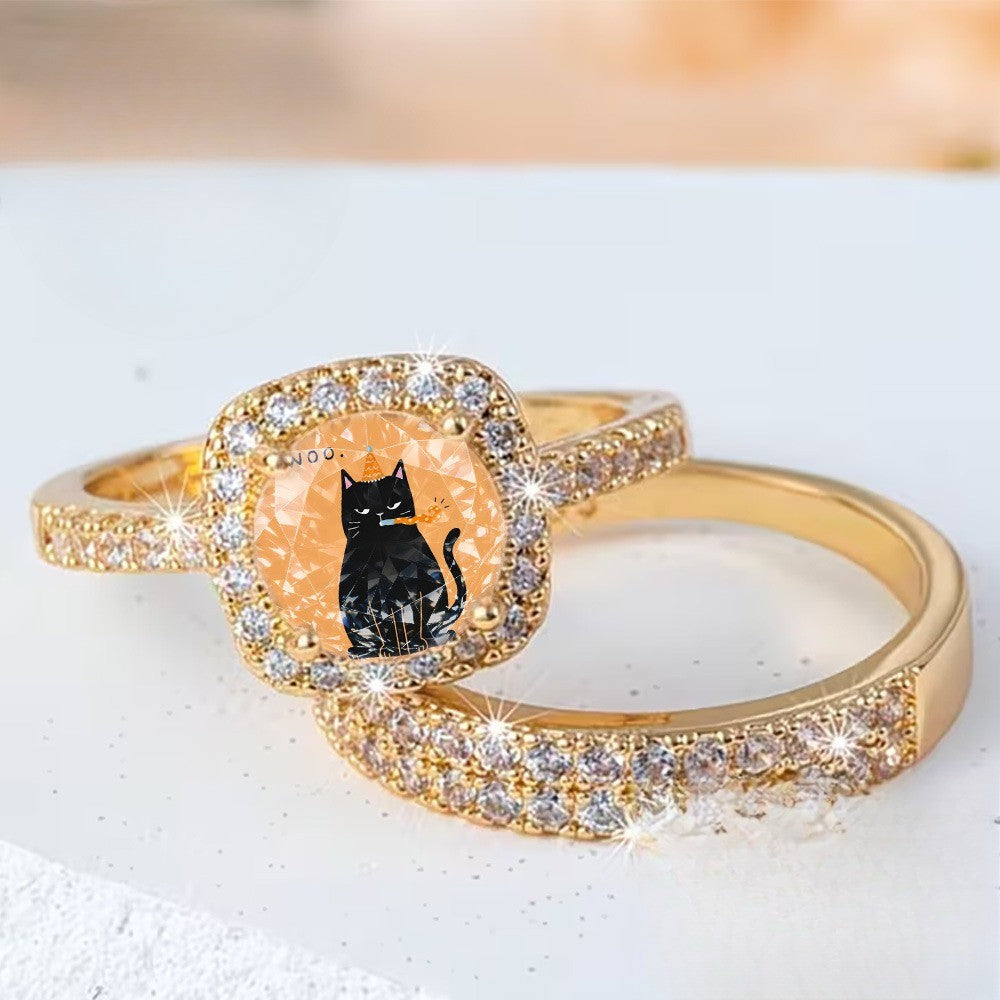Black Cat Crystal Square Ring Set