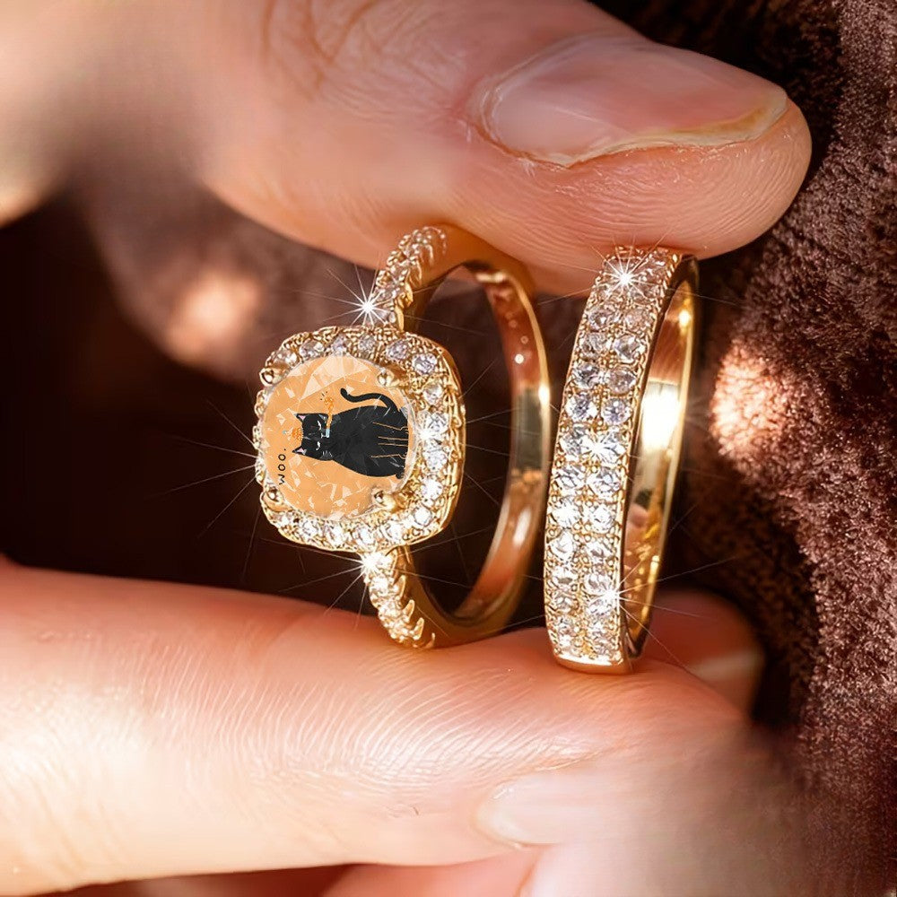 Black Cat Crystal Square Ring Set