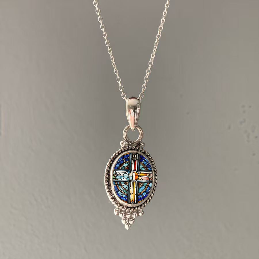 Stained Glass Cross Oval Necklace