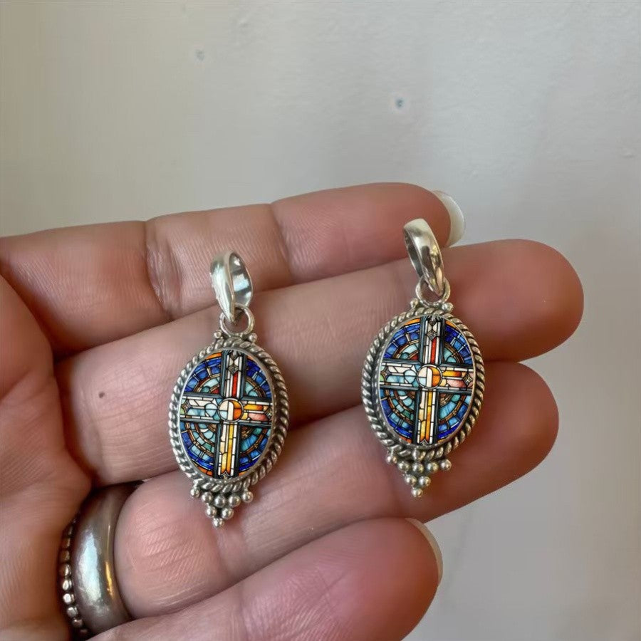 Stained Glass Cross Oval Necklace