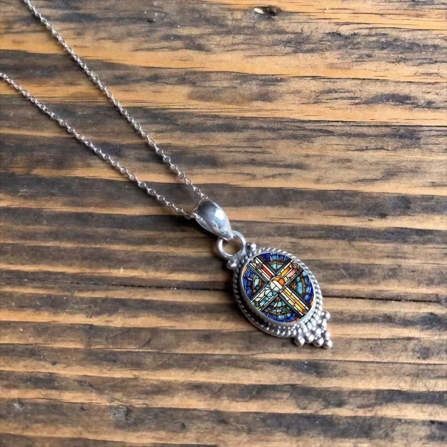 Stained Glass Cross Oval Necklace