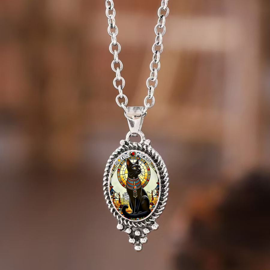 Stained Glass Cat Oval Necklace
