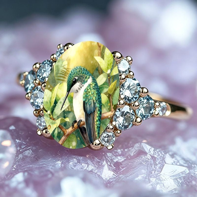 Hummingbird & Leaf Oval Ring