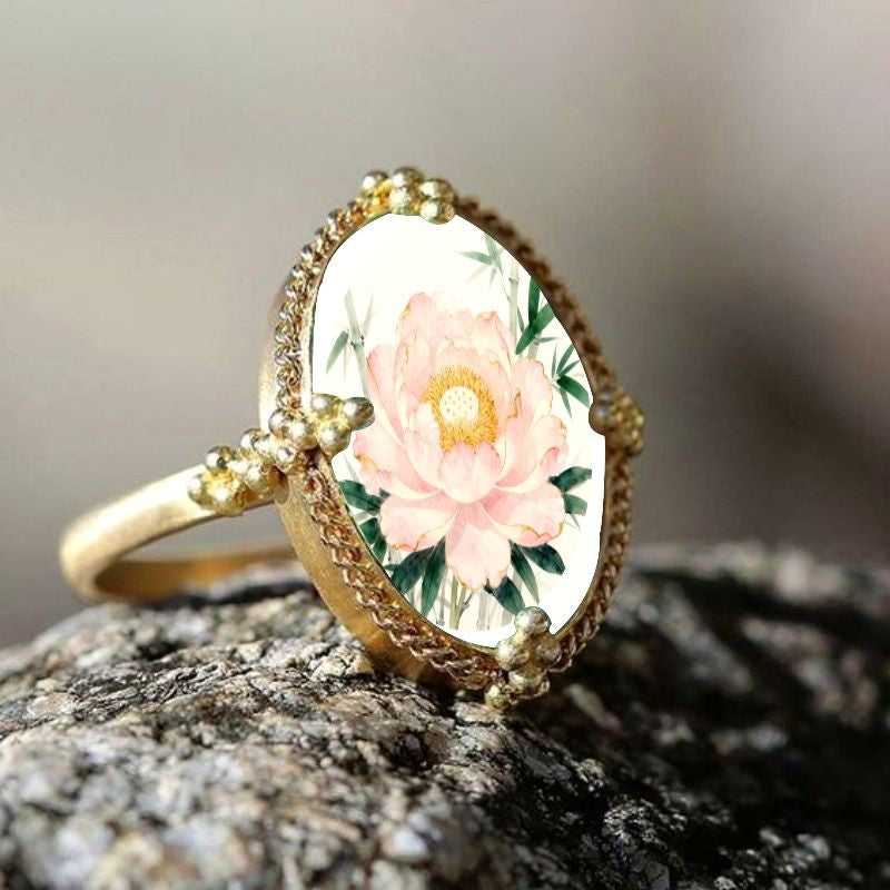 Pink Peony Oval Ring