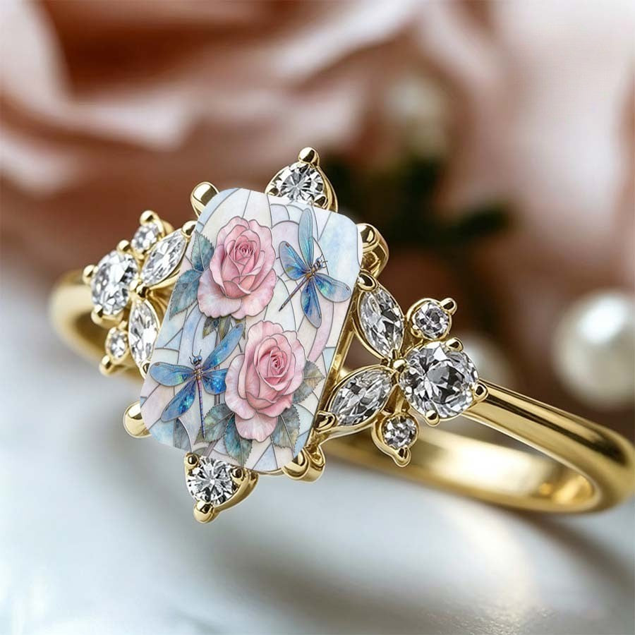 Pink Rose & Dragonfly Glass Ring