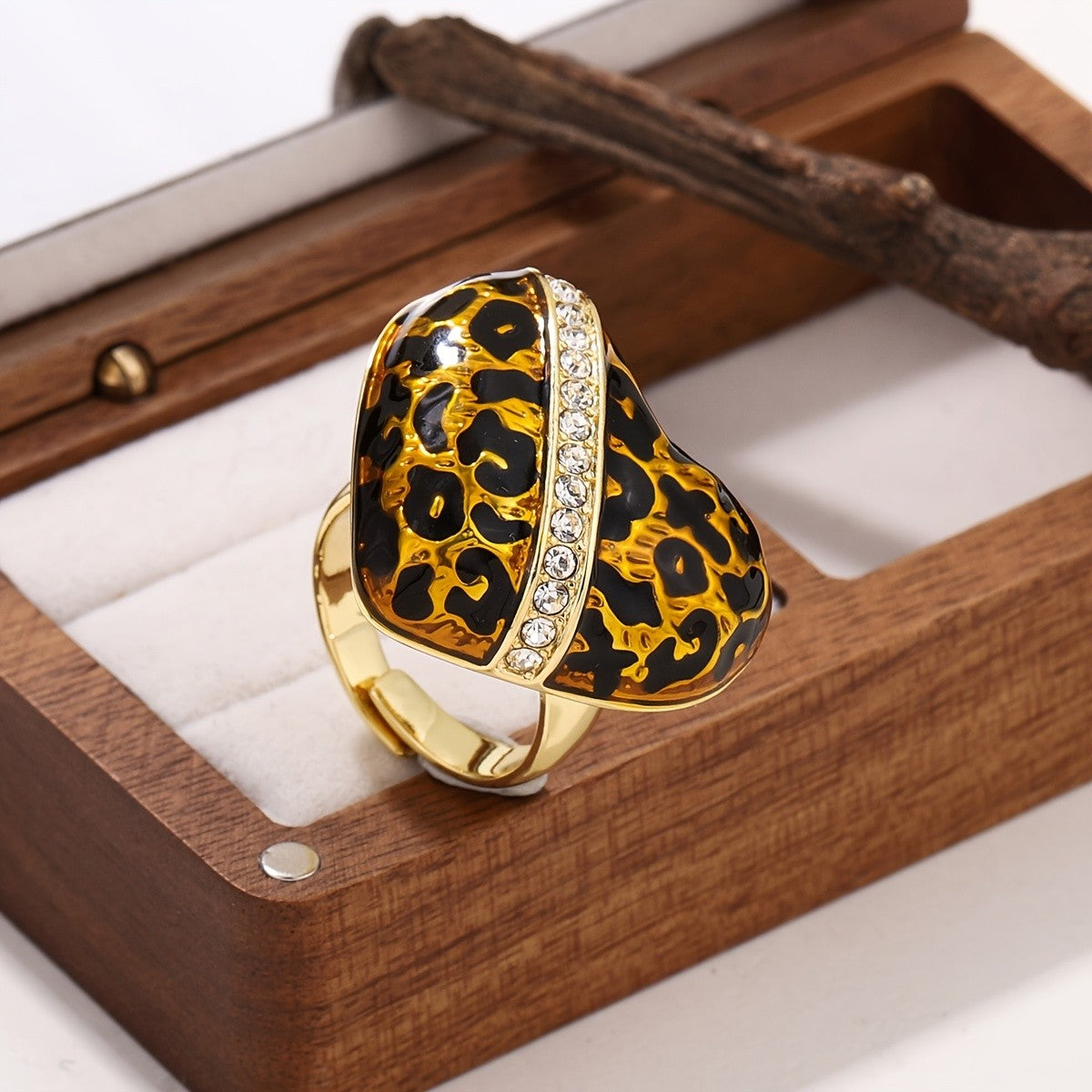 Leopard Print Crystal Heart Ring