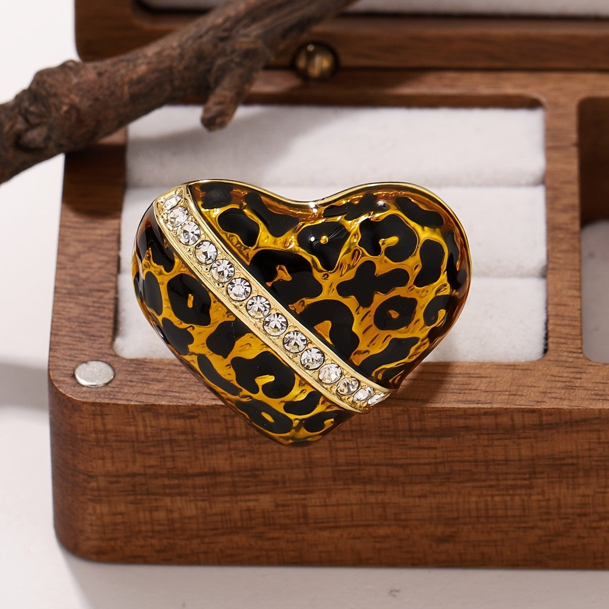 Leopard Print Crystal Heart Ring