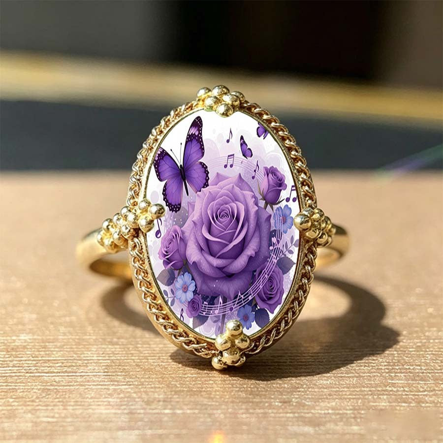 Purple Rose & Butterfly Oval Ring