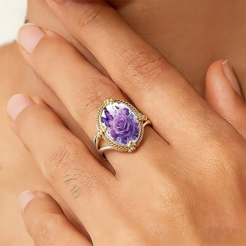 Purple Rose & Butterfly Oval Ring