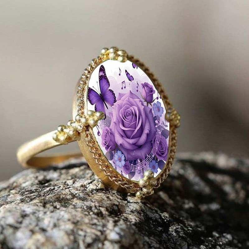 Purple Rose & Butterfly Oval Ring