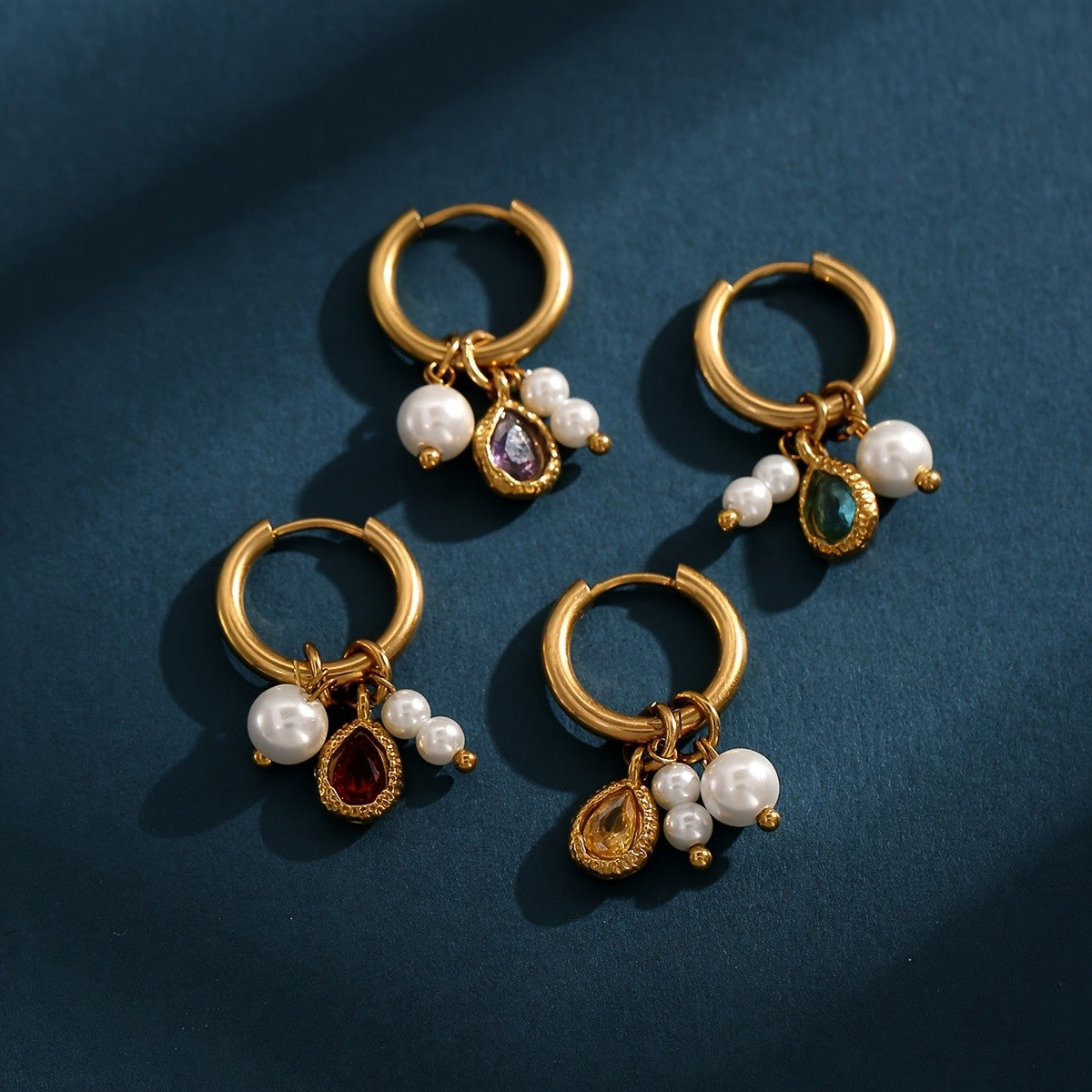 Multi-Gemstone Pearl Hoop Earrings